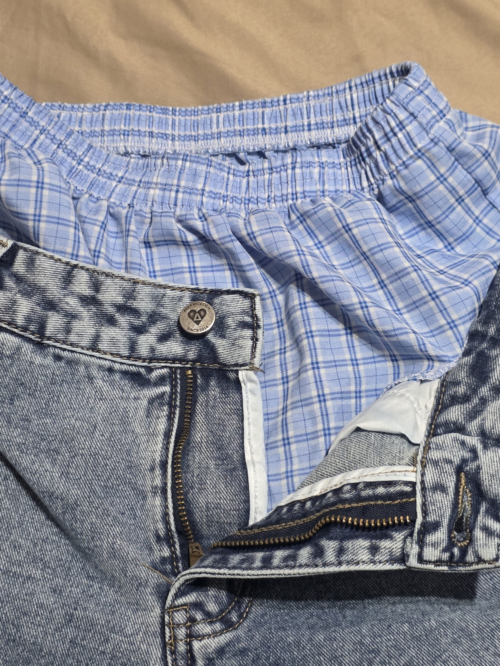 Aelfric Eden Mens XS Layered Boxer Jeans Wide Leg Baggy Plaid Waistband Y2K - Picture 2 of 16